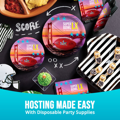 Disposable party supplies with Super Bowl LX theme on a blackboard-style background.