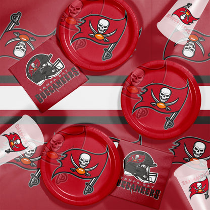 Tampa Bay Buccaneers plates, napkins and cups displayed on a matching tablecloth