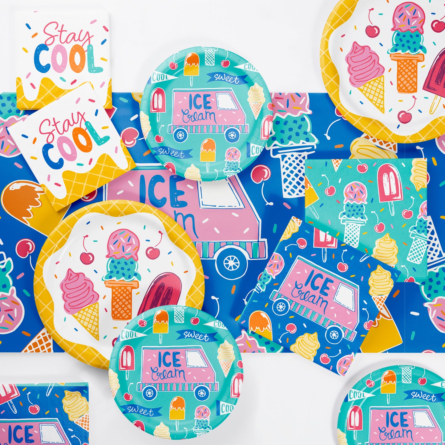 Colorful ice cream-themed plates and napkins with ice cream cones, ice cream trucks, and 'Stay Cool' text on a white background.