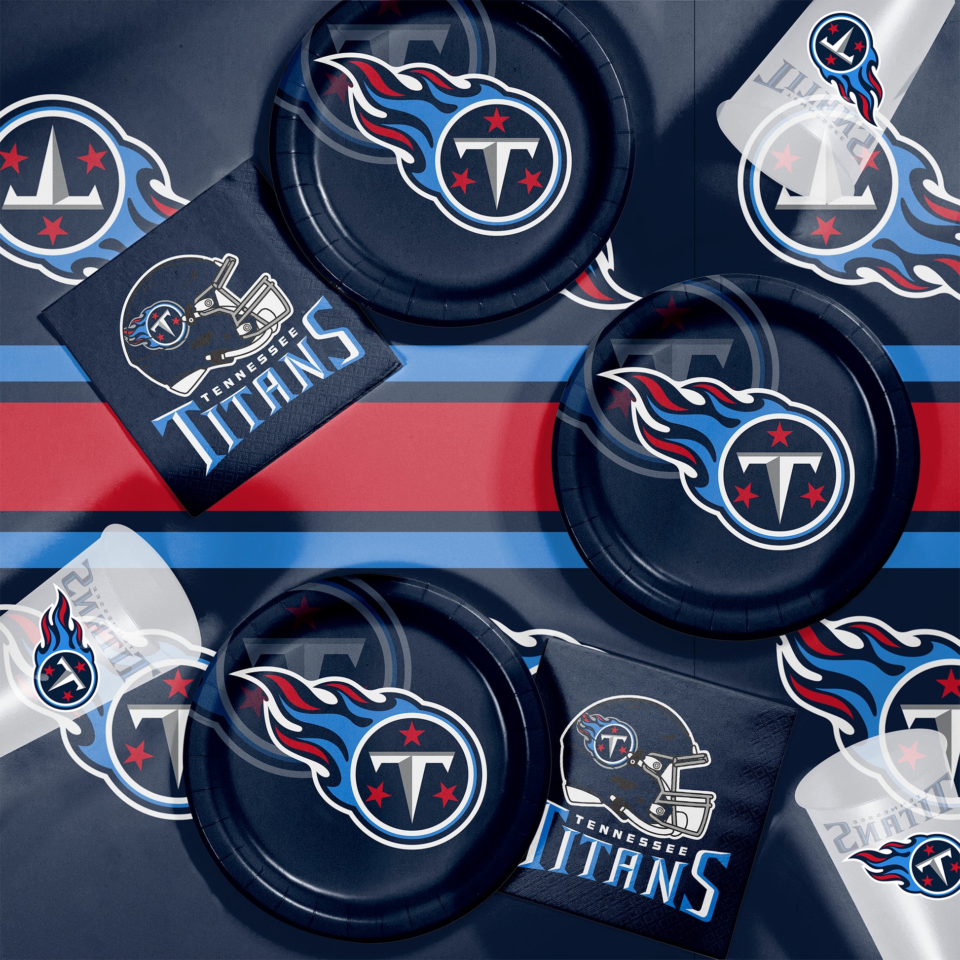Tennessee Titans plates, napkins and cups displayed on a matching tablecloth