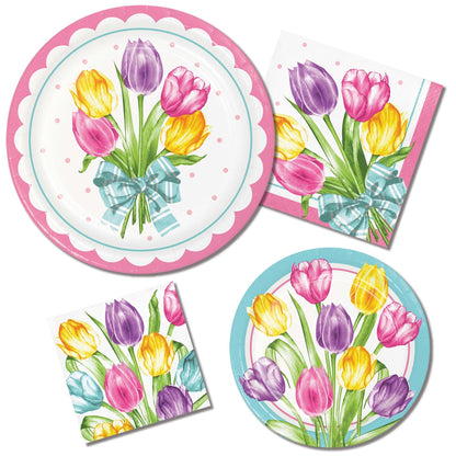 Set of paper plates and napkins with tulip design on a white background