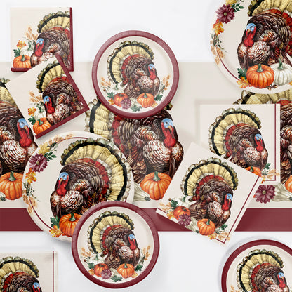 Vintage Turkey Paper Tablecloths 12 ct.  Tableware set with Thanksgiving-themed design featuring turkeys and pumpkins on a white background.