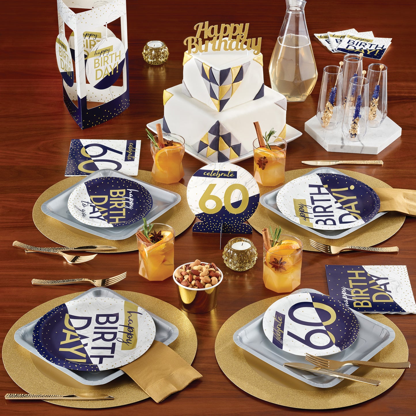 Navy and Gold Birthday Dessert Plates 96 ct