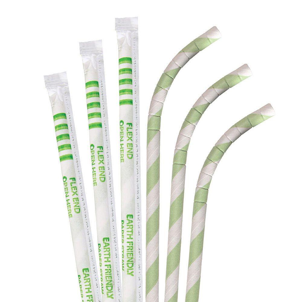 7.75" Wrapped Light Green Striped Eco-Flex Paper Straws - 3200 ct.