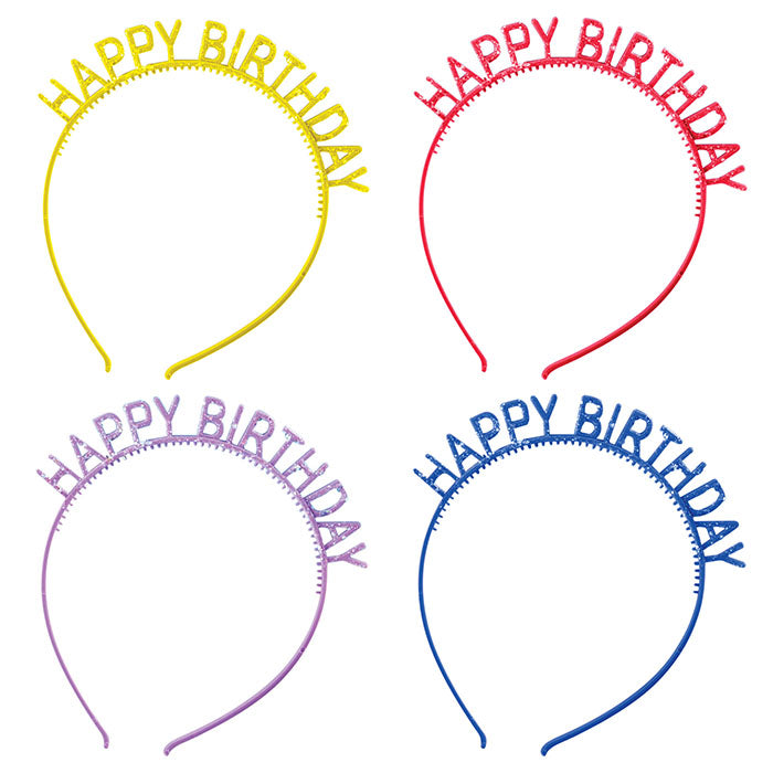 Assorted Colors Happy Birthday Headbands with Glitter 48 ct